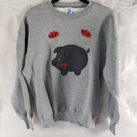 Vintage Tops - Vintage Pig Hearts Applique Gray Sweatshirt Large
